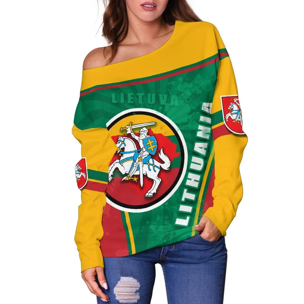 Lithuania Lietuva Off Shoulder Sweater Circle Stripes Flag Proud Version