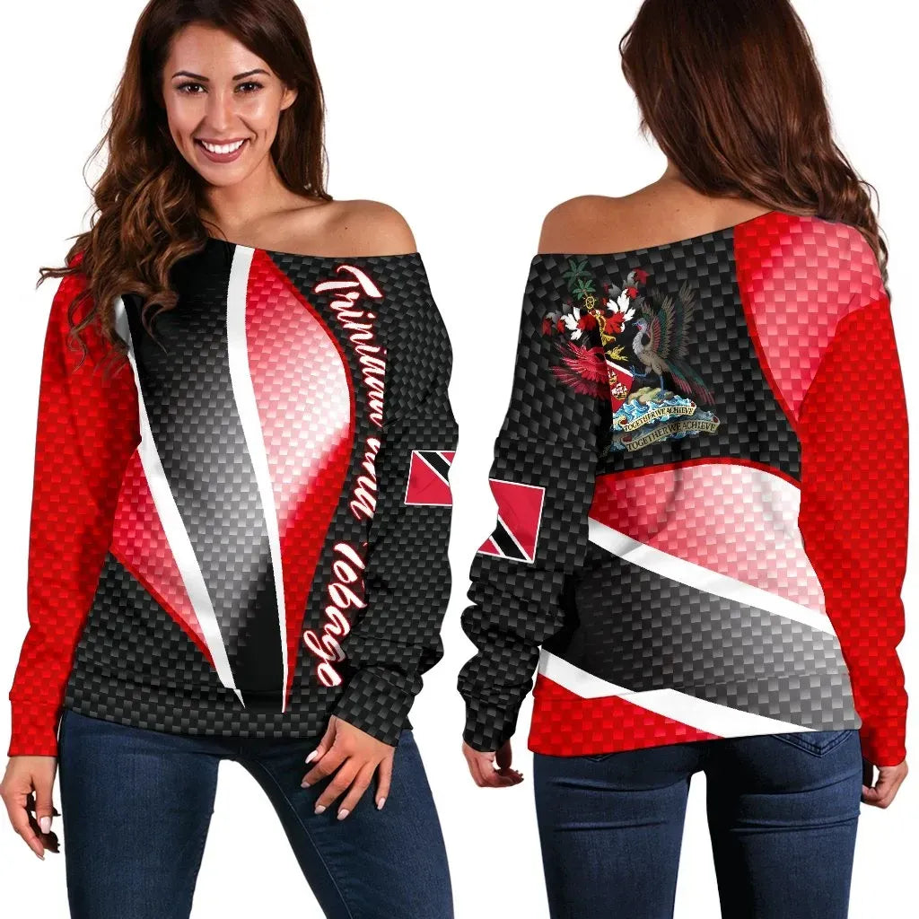 Trinidad and Tobago Women's Off Shoulder Sweater Trinidad and Tobago Flag