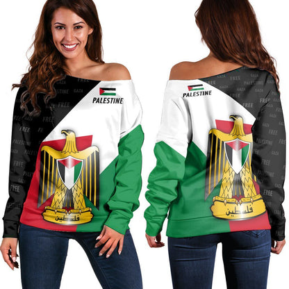Women's Off Shoulder Sweater Palestine Special Edition Flag Coat of Arms