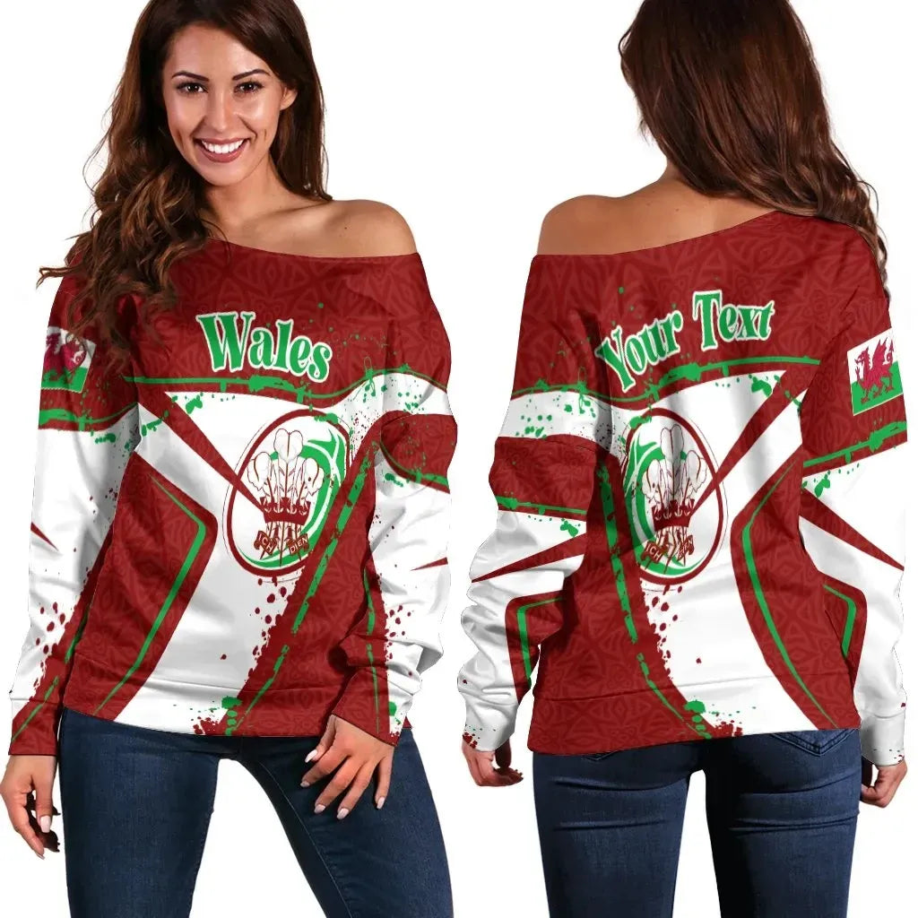 Custom Text Wales Rugby Personalised Women's Off Shoulder Sweater Welsh Rugby