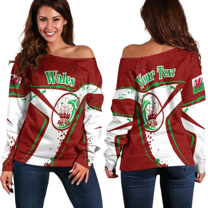 Custom Text Wales Rugby Personalised Women's Off Shoulder Sweater Welsh Rugby