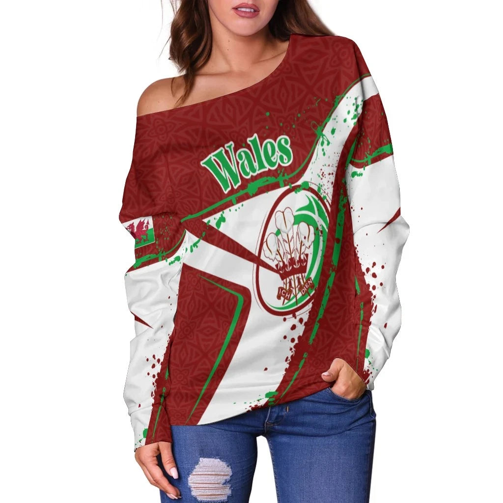 Custom Text Wales Rugby Personalised Women's Off Shoulder Sweater Welsh Rugby