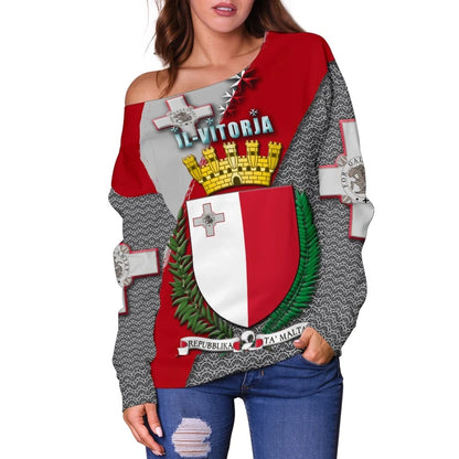 MALTA IL,VITORJA Women's Off Shoulder Sweater Malta Coat Of Arm