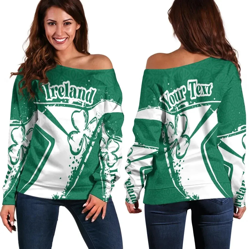 Custom Text Ireland Personalised Women's Off Shoulder Sweater Celtic Shamrock
