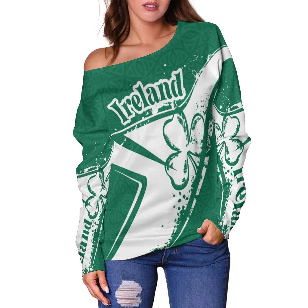 Custom Text Ireland Personalised Women's Off Shoulder Sweater Celtic Shamrock