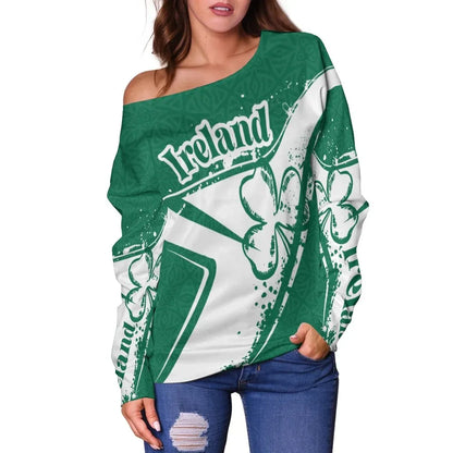 Custom Text Ireland Personalised Women's Off Shoulder Sweater Celtic Shamrock