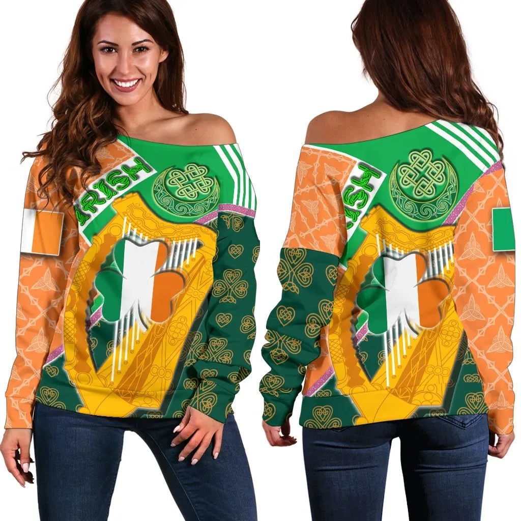 Celtic Ireland Women's Off Shoulder Sweater Irish Shamrock with Traditional Harp