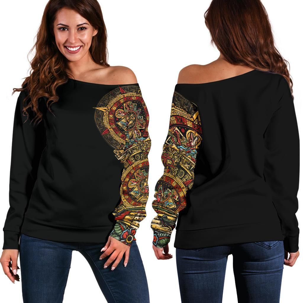 Mexico Off Shoulder Sweater Aztec Sun Stone Tattoo