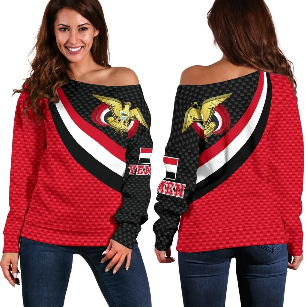Yemen Women's Off Shoulder Sweater Yemen Coat Of Arms and Flag Color