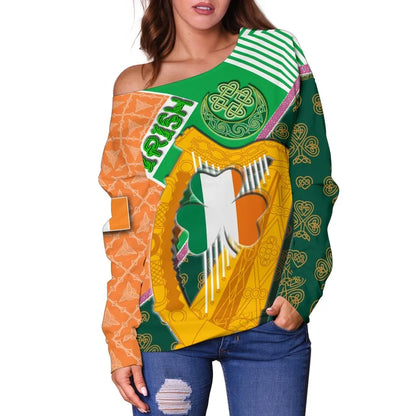 Celtic Ireland Women's Off Shoulder Sweater Irish Shamrock with Traditional Harp