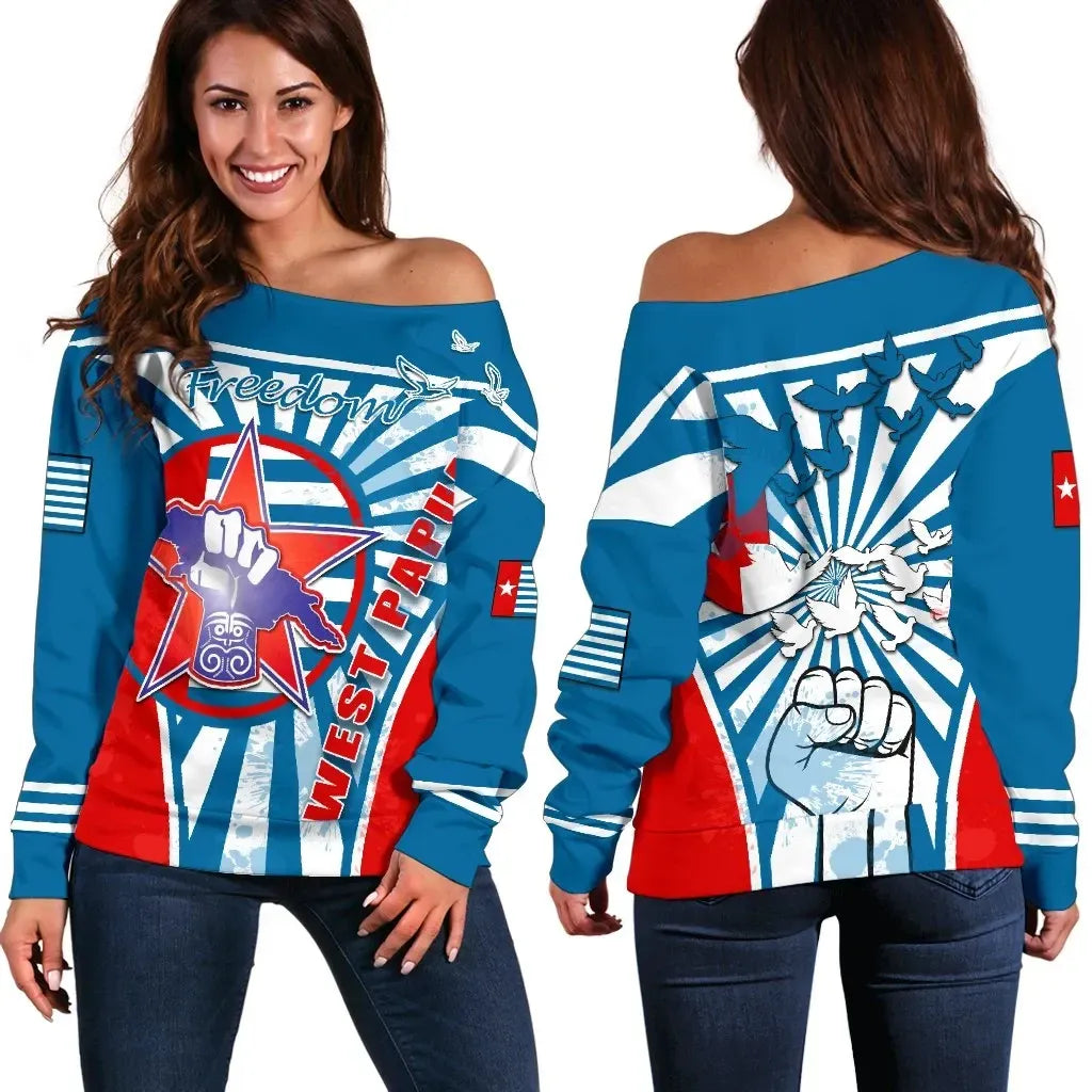 Freedom West Papua Off Shoulder Sweater Circle Stripes Flag