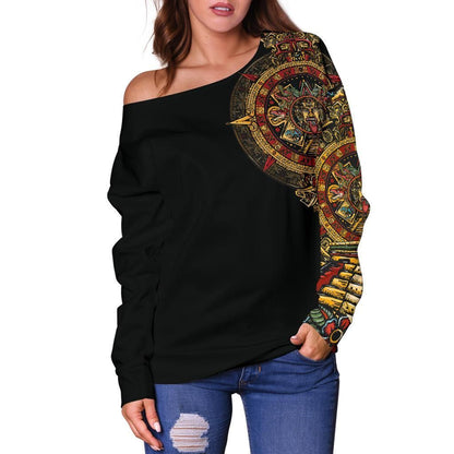 Mexico Off Shoulder Sweater Aztec Sun Stone Tattoo