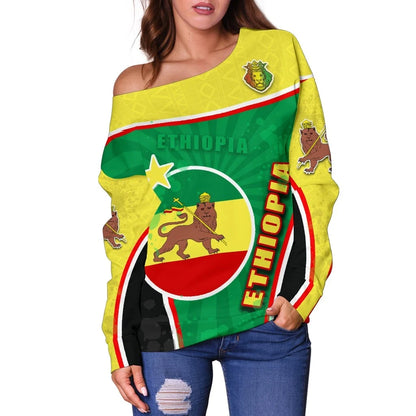 Ethiopia Lion Off Shoulder Sweater Circle Stripes Flag Version