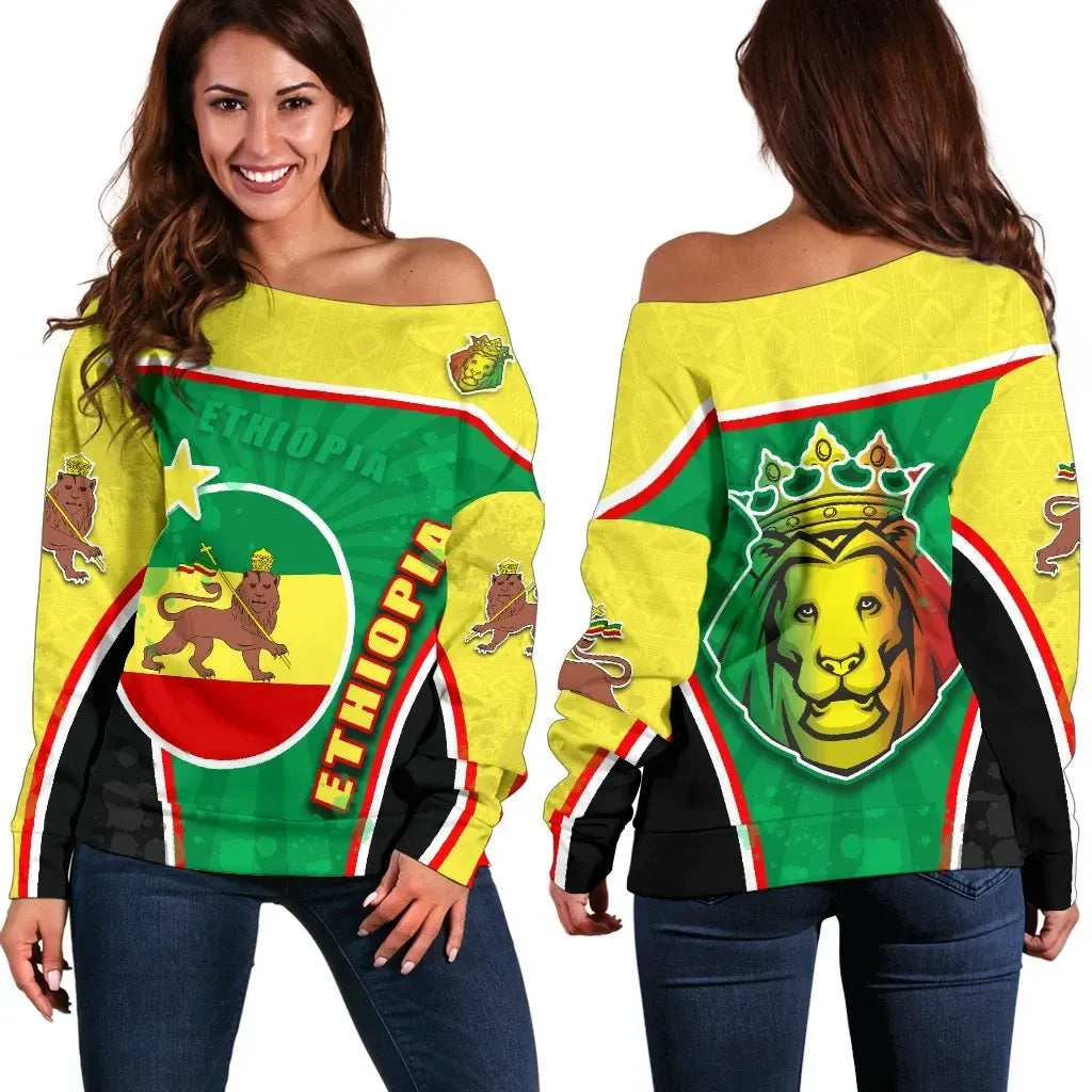 Ethiopia Lion Off Shoulder Sweater Circle Stripes Flag Version
