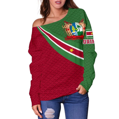 Suriname Women's Off Shoulder Sweater Suriname Coat Of Arms and Flag Color
