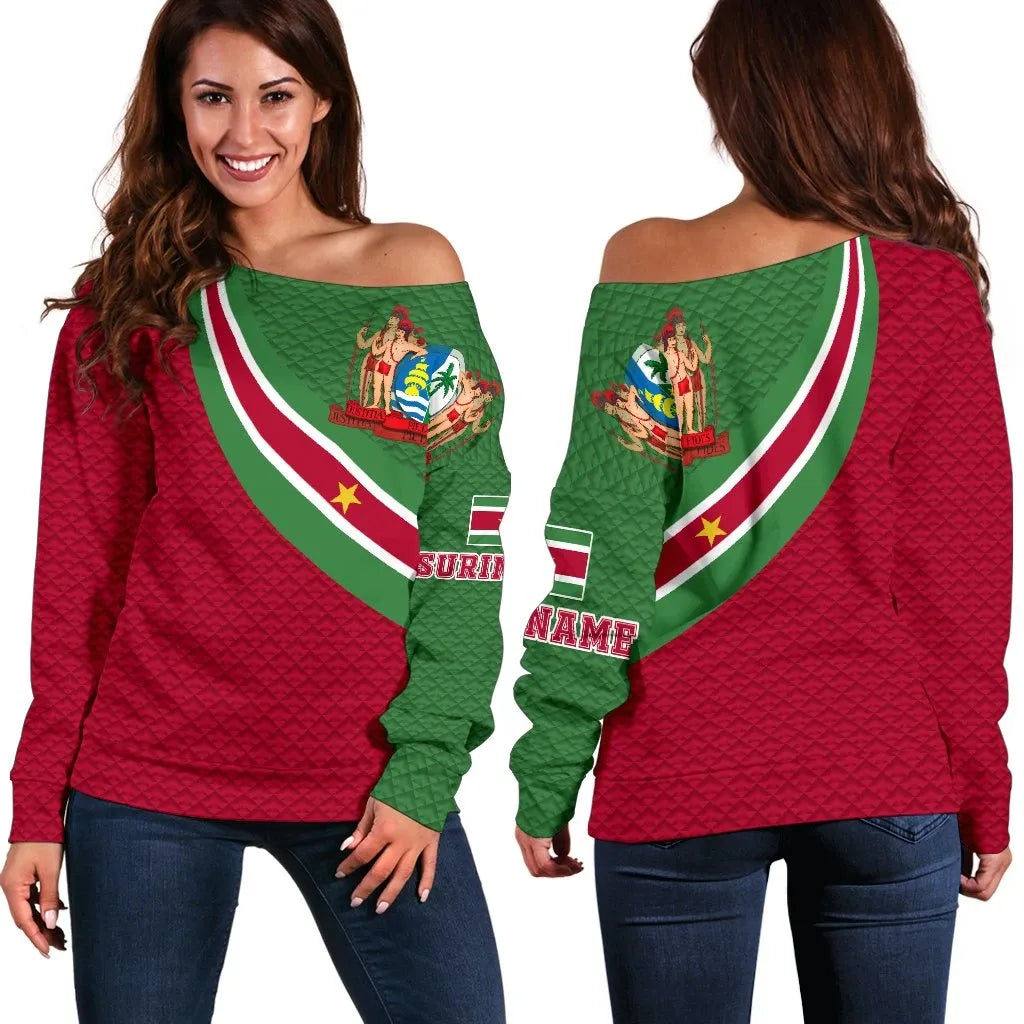 Suriname Women's Off Shoulder Sweater Suriname Coat Of Arms and Flag Color