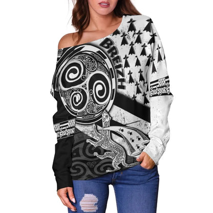 Celtic Bretagne Women's Off Shoulder Sweater Brittany Ermine With Celtic Triskelion