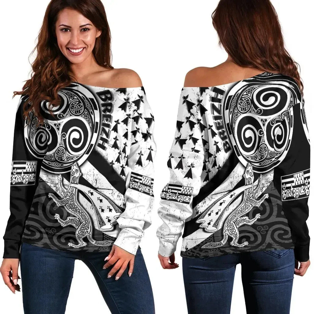 Celtic Bretagne Women's Off Shoulder Sweater Brittany Ermine With Celtic Triskelion