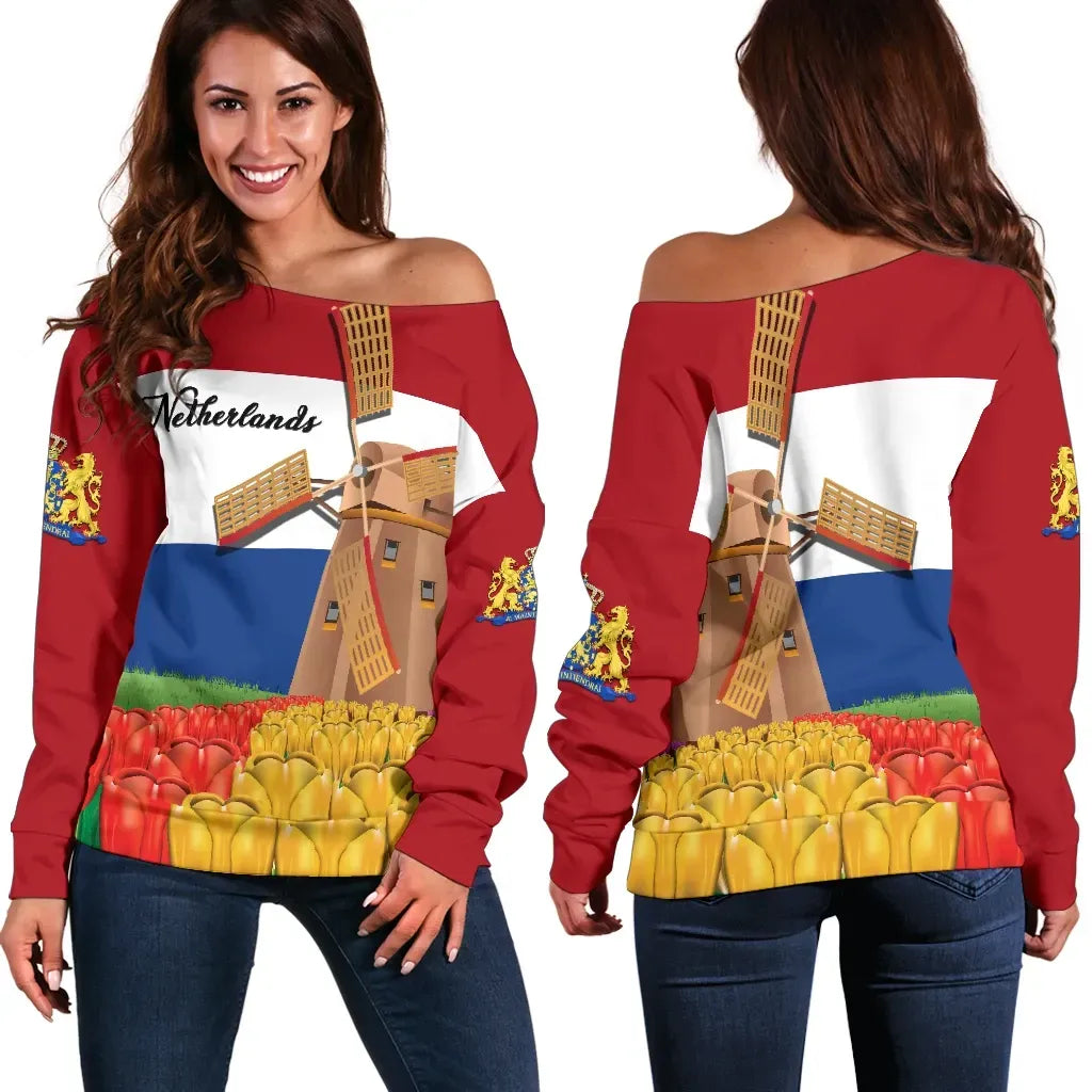 Netherlands Windmill and Tulips Off Shoulder Sweater
