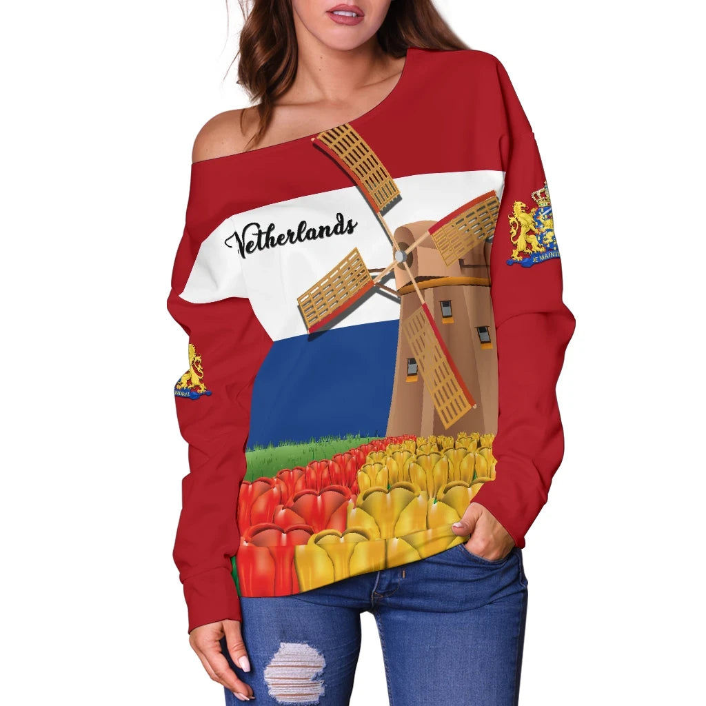 Netherlands Windmill and Tulips Off Shoulder Sweater