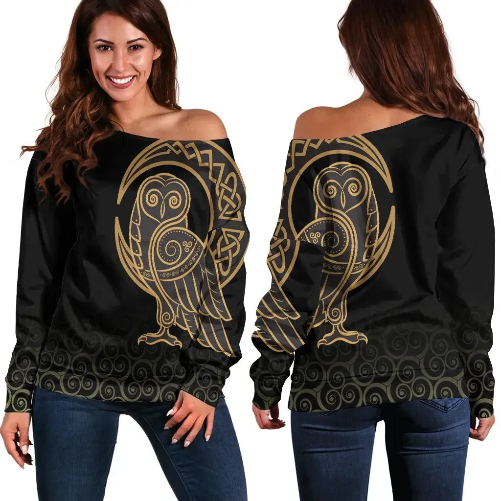 Women's Off Shoulder Sweater Owl Celtic On Triskele Background