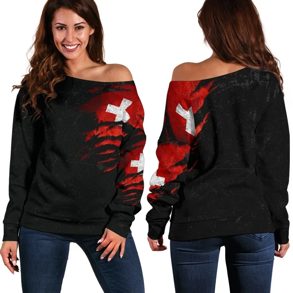 Switzerland in Me Women's Off Shoulder Sweater Special Grunge Style