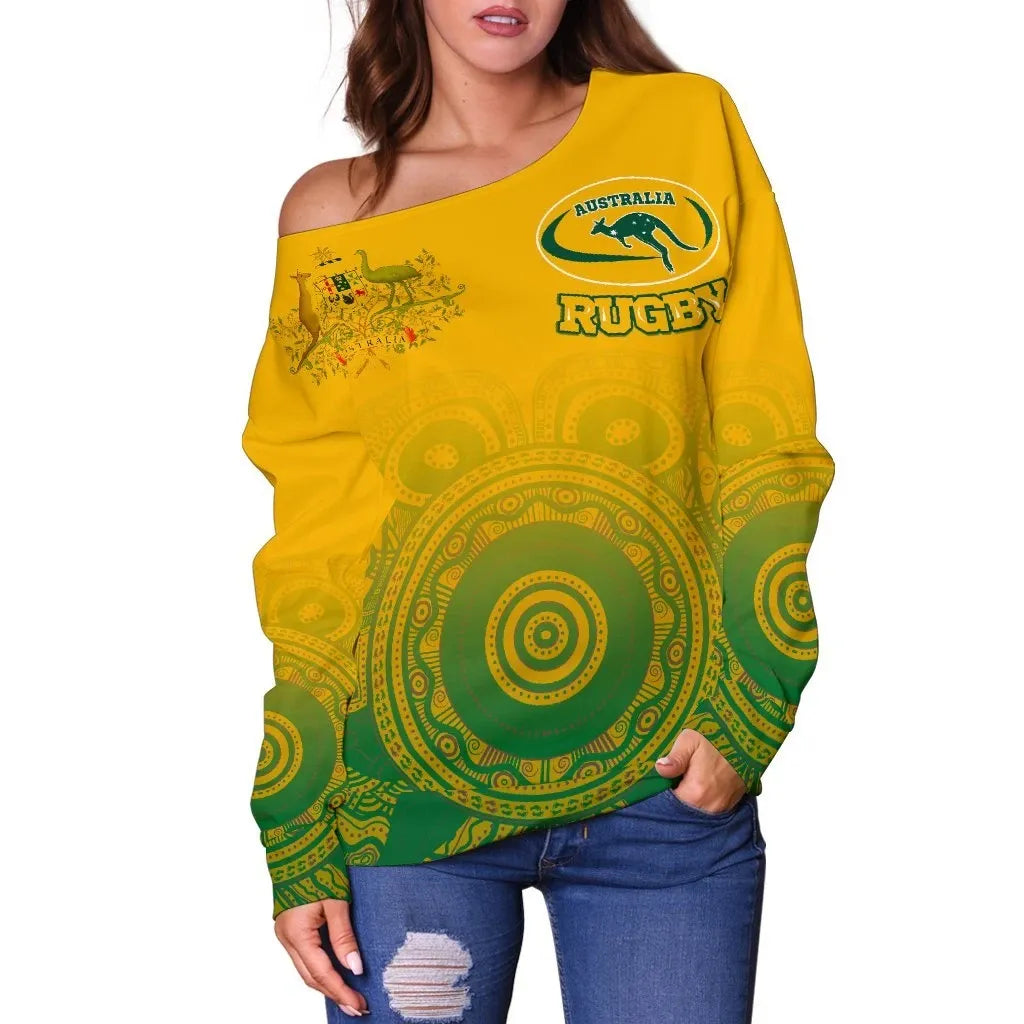 Australia Aboriginal Women's Off Shoulder Sweater Australia Rugby and Coat Of Arms