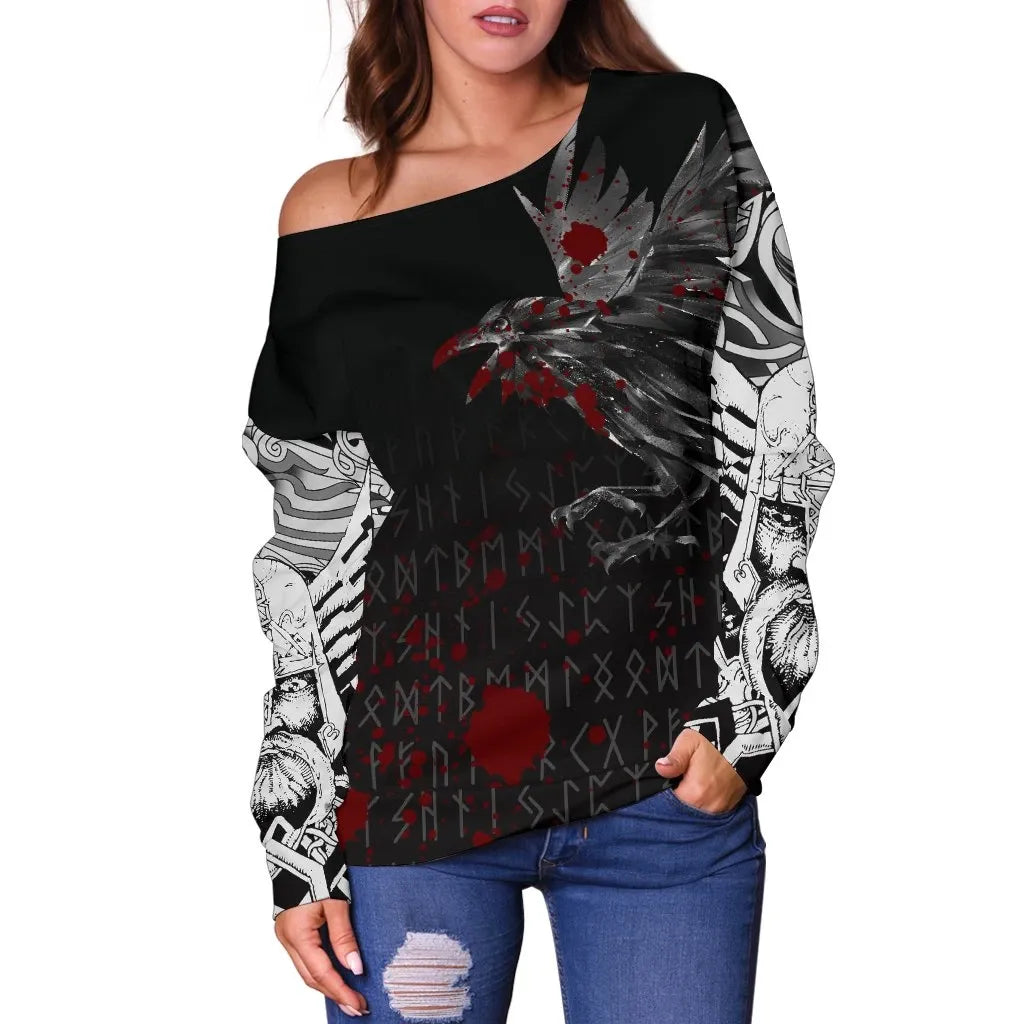 Vikings Women's Off Shoulder Sweater Raven Tattoo Style Blood