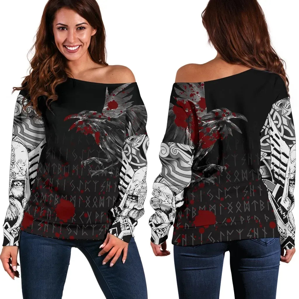 Vikings Women's Off Shoulder Sweater Raven Tattoo Style Blood