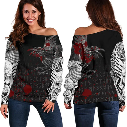 Vikings Women's Off Shoulder Sweater Raven Tattoo Style Blood
