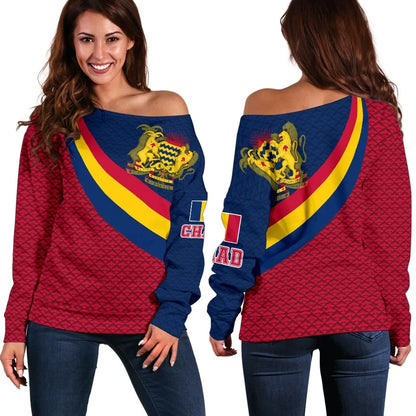 Chad Women's Off Shoulder Sweater Chad Coat Of Arms and Flag Color