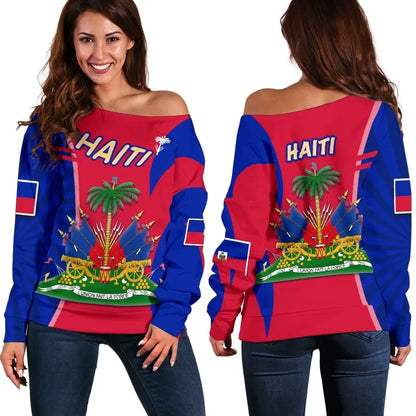 Coat of Arms Haiti Off Shoulder Sweater Circle Stripes