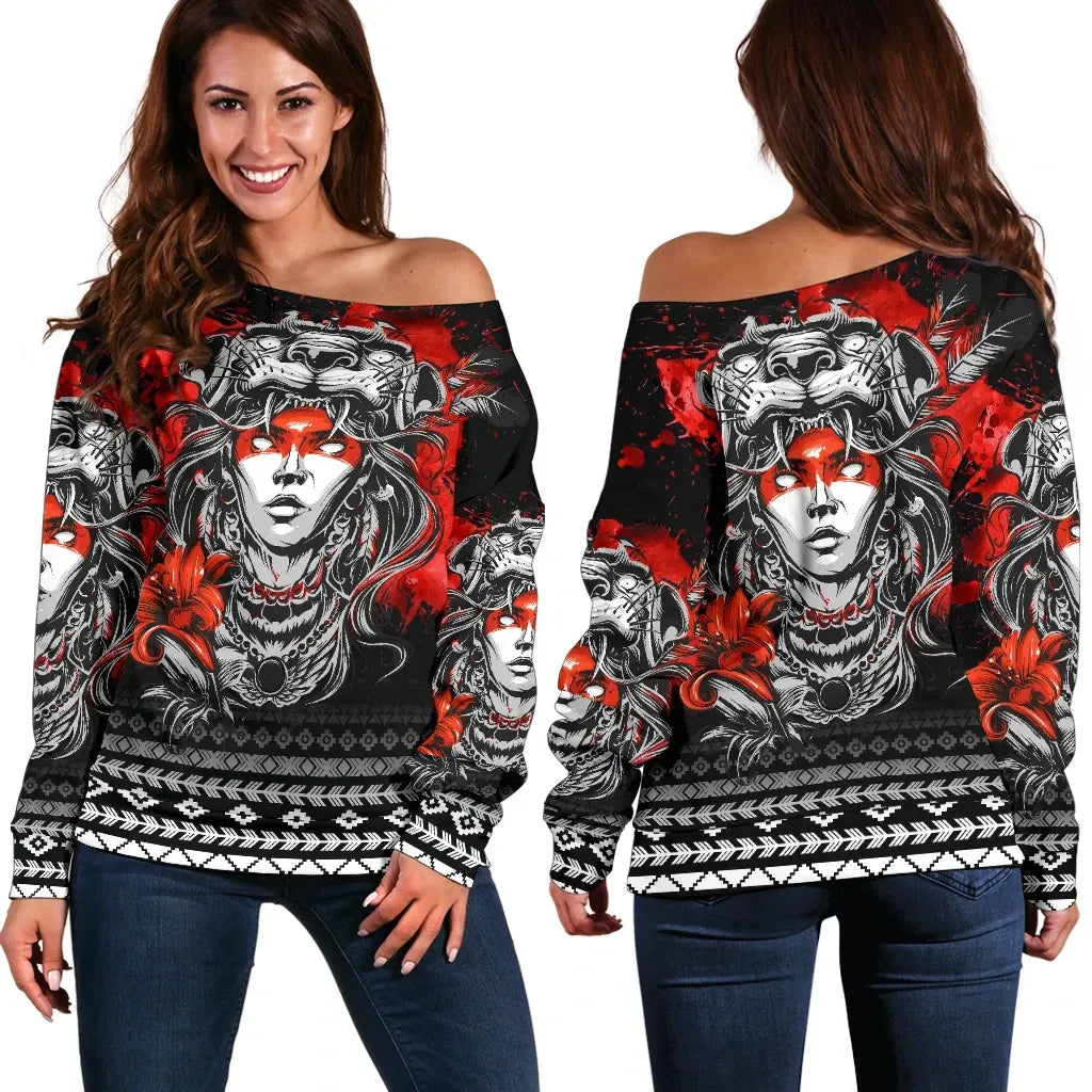 Aztec Off Shoulder Sweater Jaguar Warrior Special