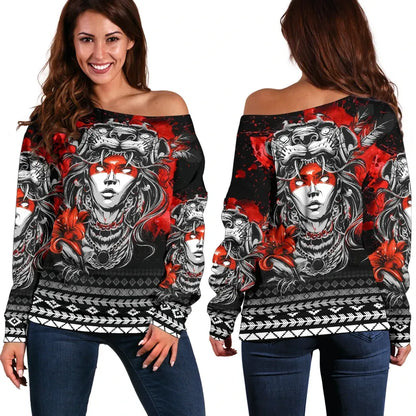 Aztec Off Shoulder Sweater Jaguar Warrior Special