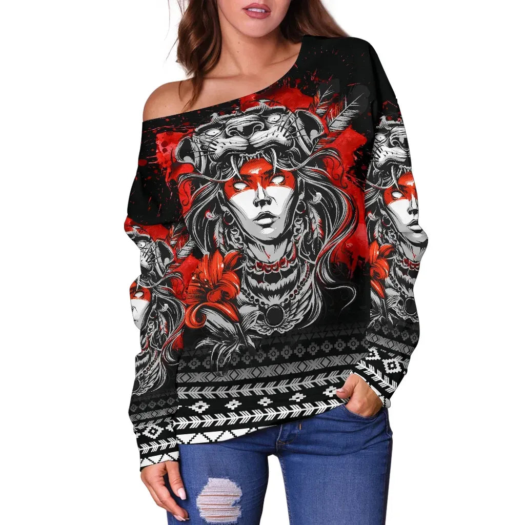 Aztec Off Shoulder Sweater Jaguar Warrior Special