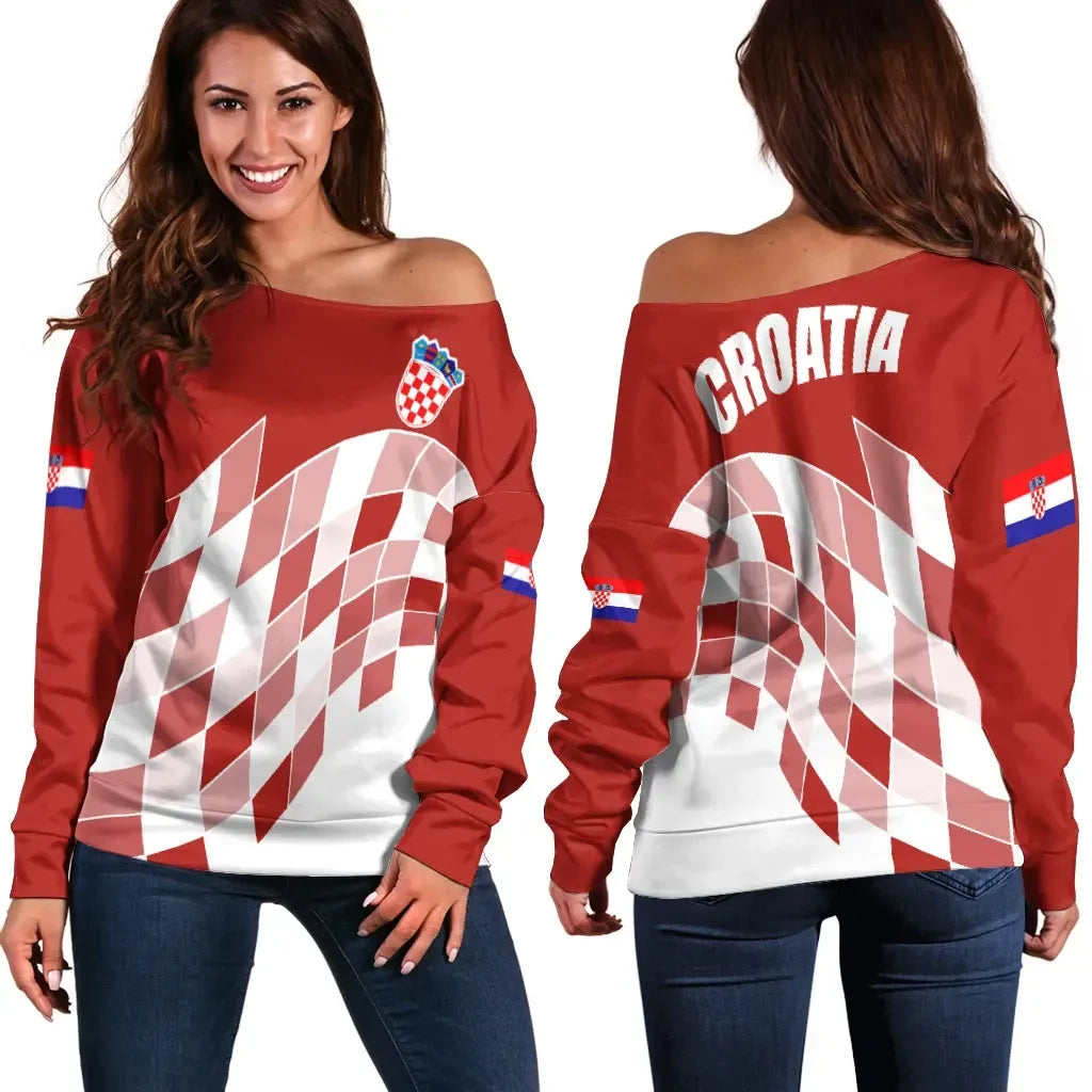 Croatia Off Shoulder Sweater Flag Red Color