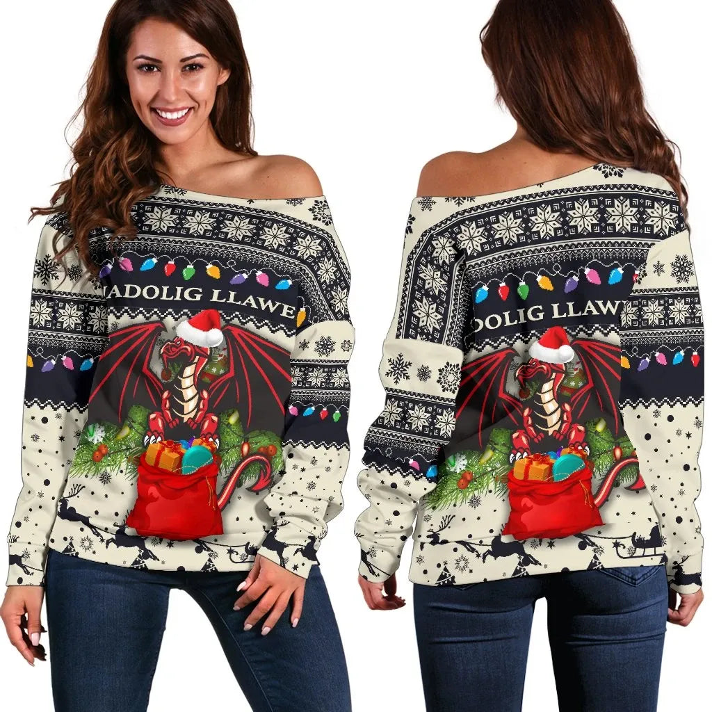 Cymru Christmas Women Off Shoulder Sweater Warm Vibes Beige Navy