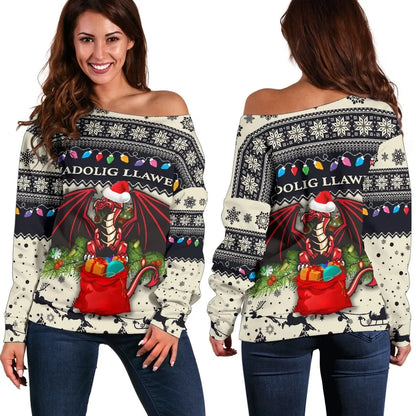 Cymru Christmas Women Off Shoulder Sweater Warm Vibes Beige Navy