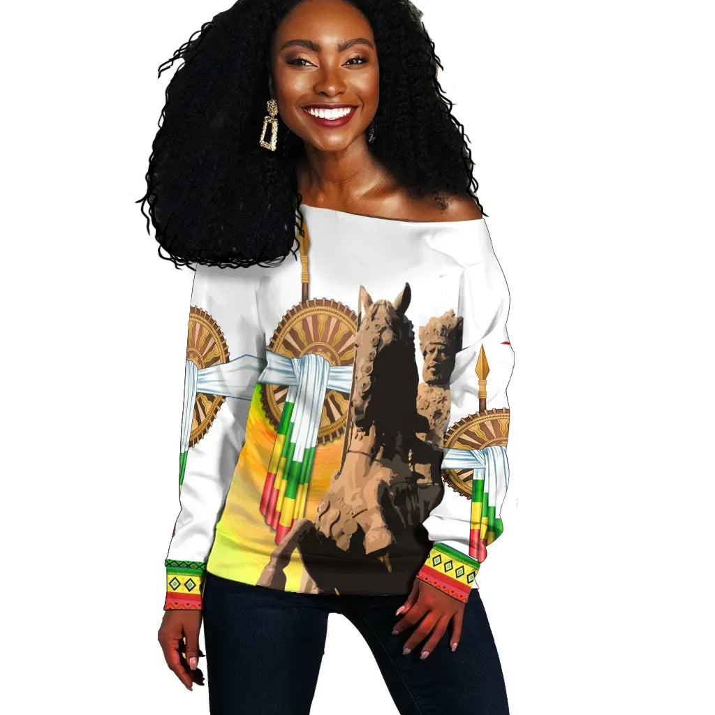 Ethiopia Off Shoulder Sweater Ethiopia Menelik II Adwa