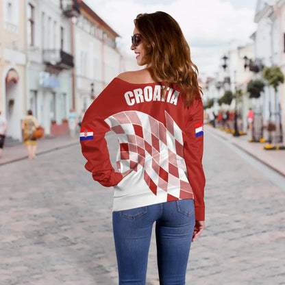 Croatia Off Shoulder Sweater Flag Red Color