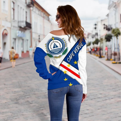 Cape Verde Off Shoulder Sweater Flag With Coat Of Arm
