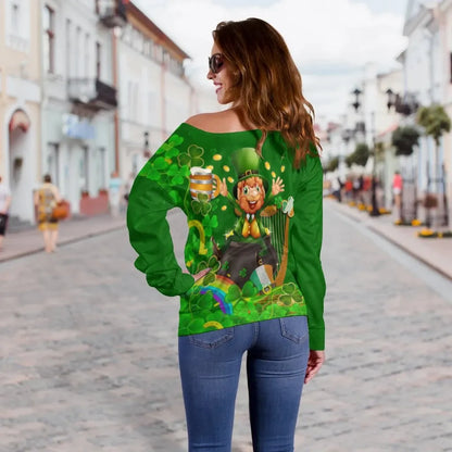 Ireland Celtic Women's Off Shoulder Sweater Happy Leprechaun