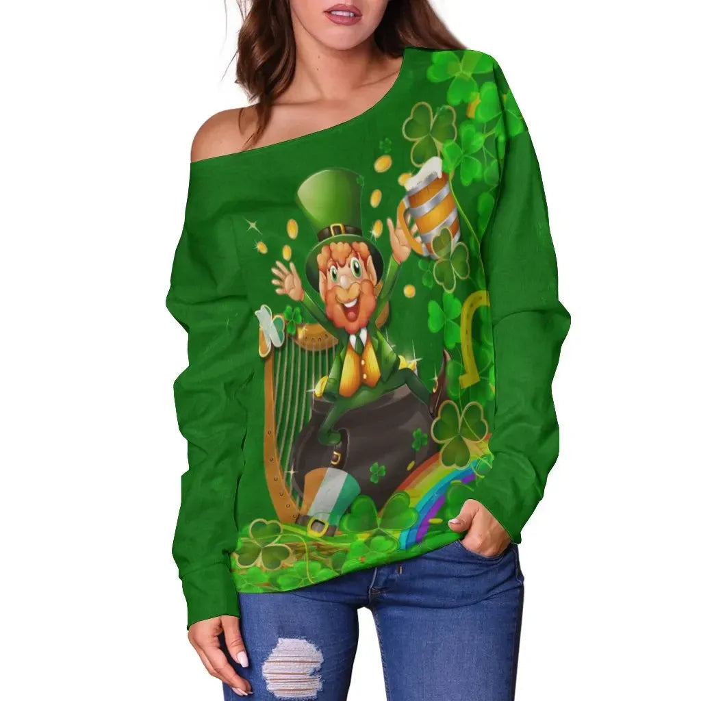 Ireland Celtic Women's Off Shoulder Sweater Happy Leprechaun