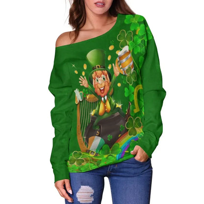 Ireland Celtic Women's Off Shoulder Sweater Happy Leprechaun