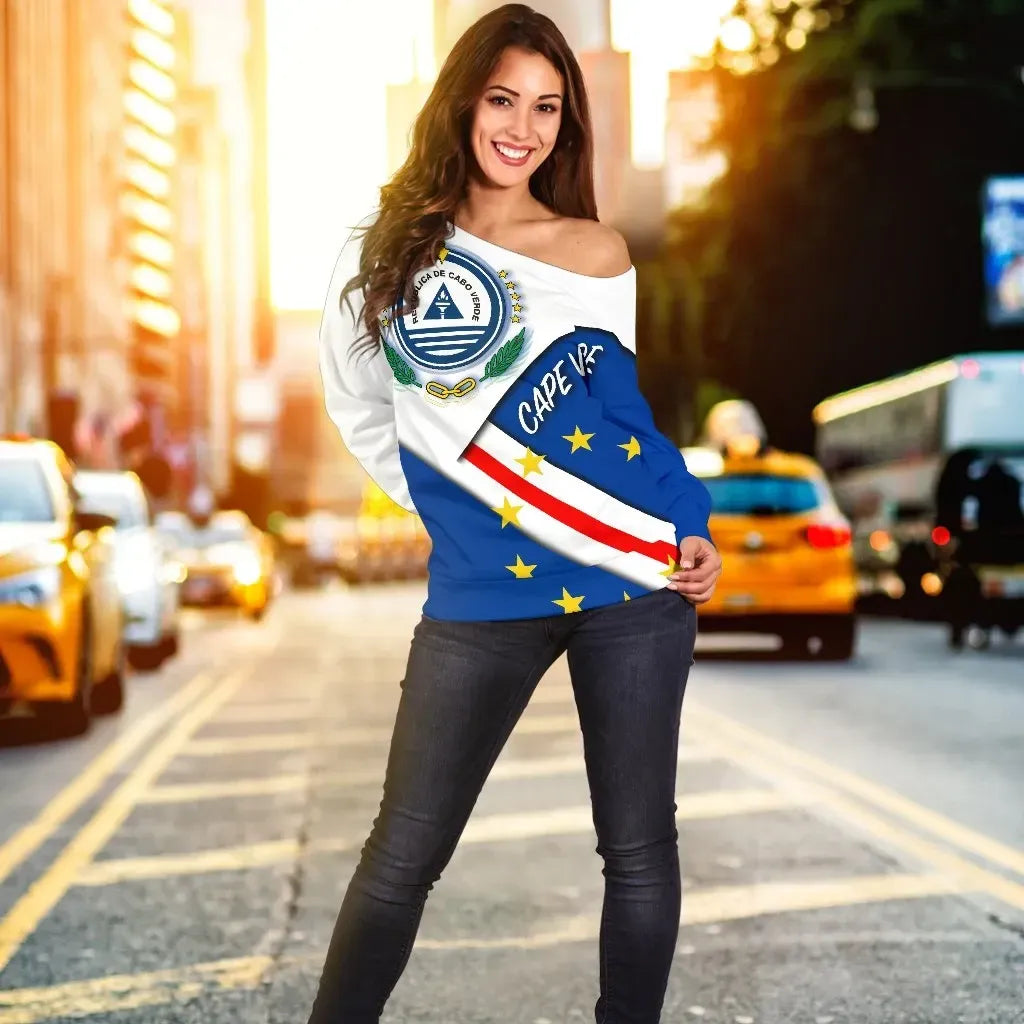 Cape Verde Off Shoulder Sweater Flag With Coat Of Arm