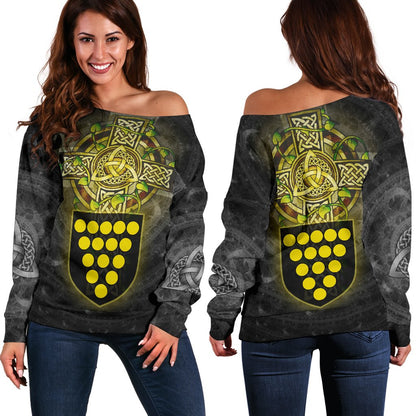Cornwall Celtic Women's Off Shoulder Sweater Cornwall Coat Of Arms With Celtic Cross