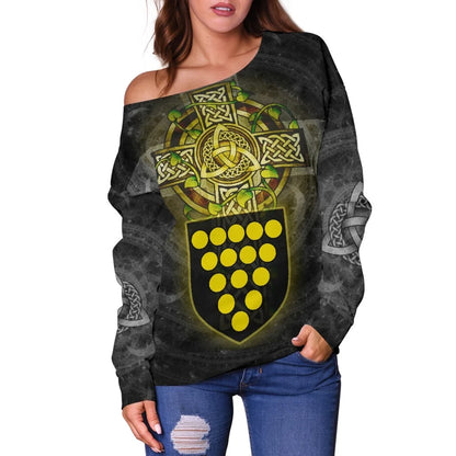 Cornwall Celtic Women's Off Shoulder Sweater Cornwall Coat Of Arms With Celtic Cross