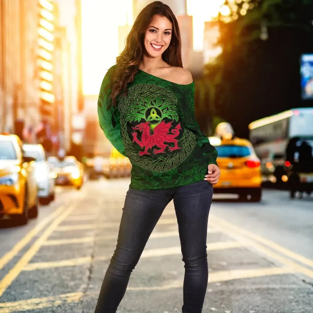 Wales Celtic Women's Off Shoulder Sweater Tree Of Life & Cymru