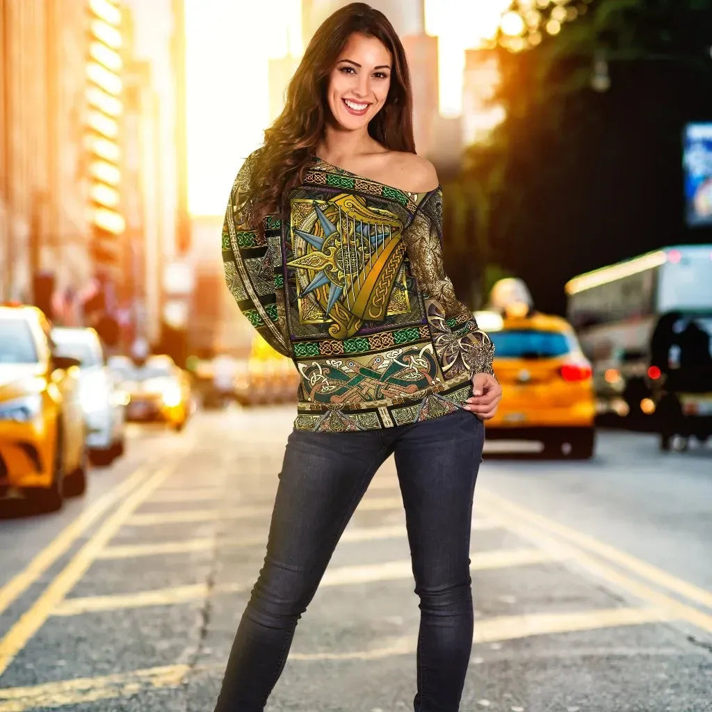 Ireland Celtic Womne's Off Shoulder Sweater Ireland Coat Of Arms With Celtic Compass