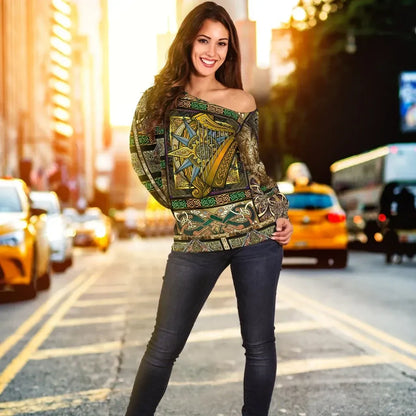 Ireland Celtic Womne's Off Shoulder Sweater Ireland Coat Of Arms With Celtic Compass